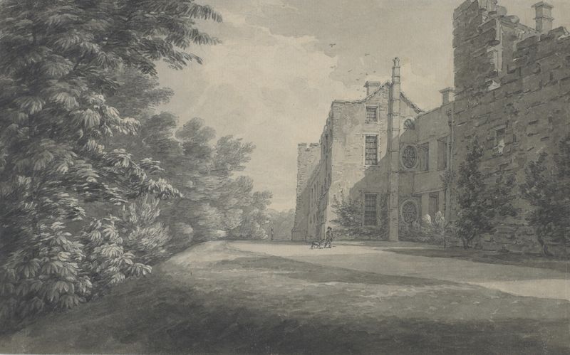 Greystoke Castle, acuarela sobre papel de Thomas Hearne, que representa un castillo en medio de la naturaleza exuberante.