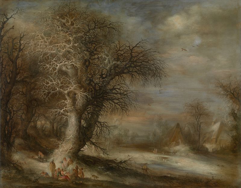 Snow landscape with gypsies, oil on canvas by Gijsbrecht Leytens
