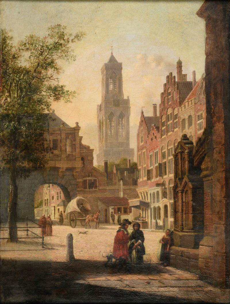 Escena de género con figuras y luz en calles de adoquines, por la Escuela de Jan Van Der Heyden, medio desconocido