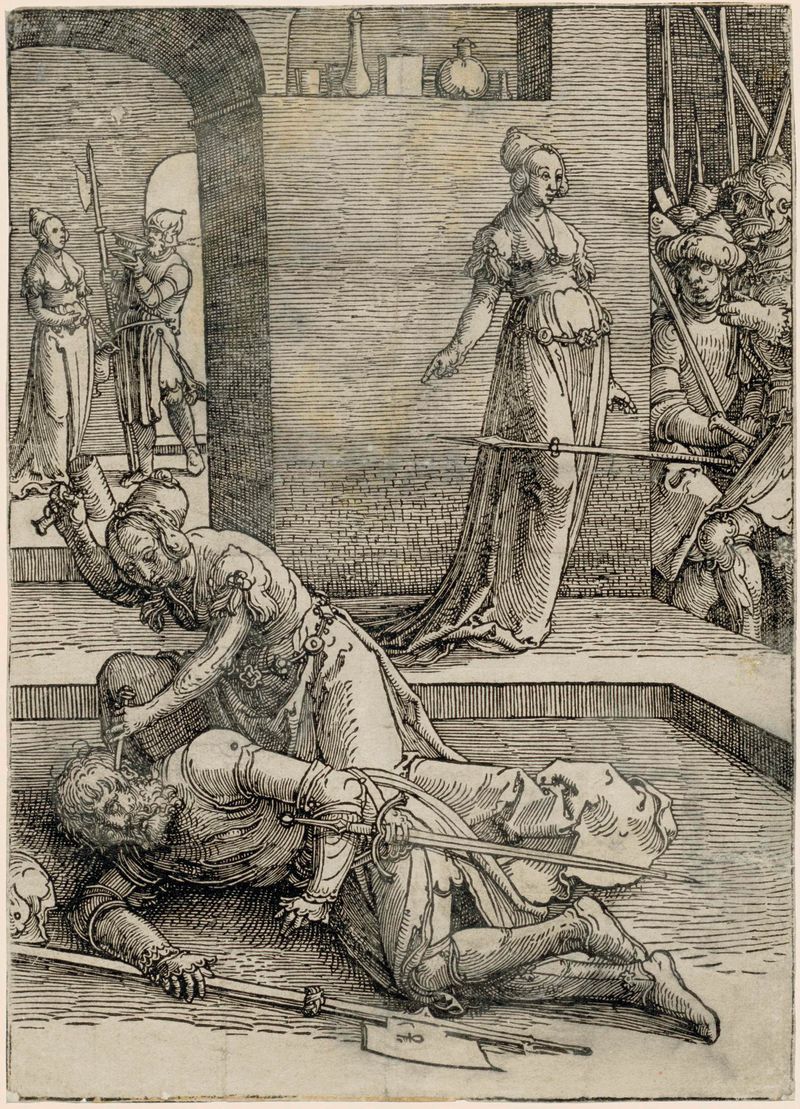 Gravura de Lucas van Leyden mostrando Jaël com um prego e Sisera na sombra