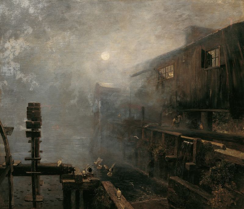 Sägemühle im Morgennebel de Emil Jakob Schindler, pintura a óleo que retrata uma paisagem enevoada.
