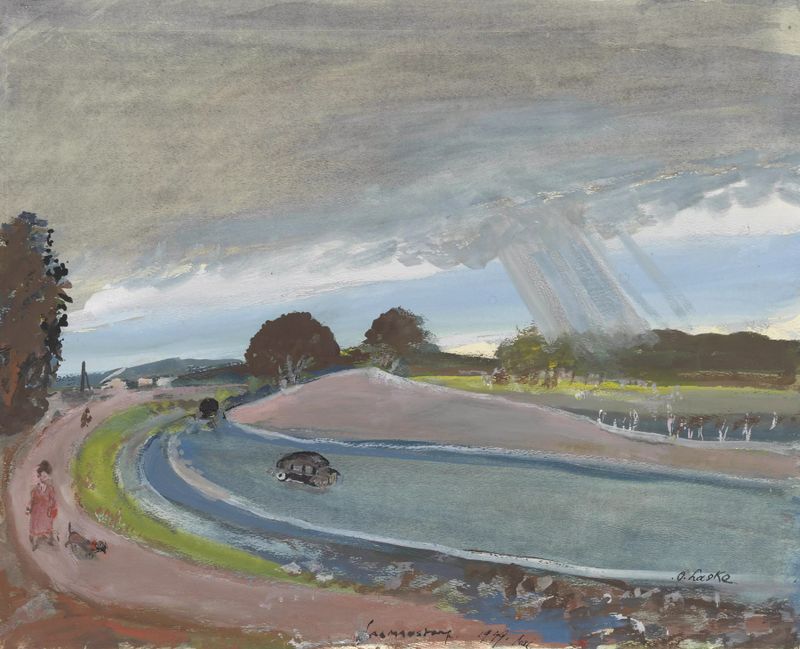 Pintura de paisaje al óleo de Oskar Laske con tonos terrosos apagados y sutiles azules.