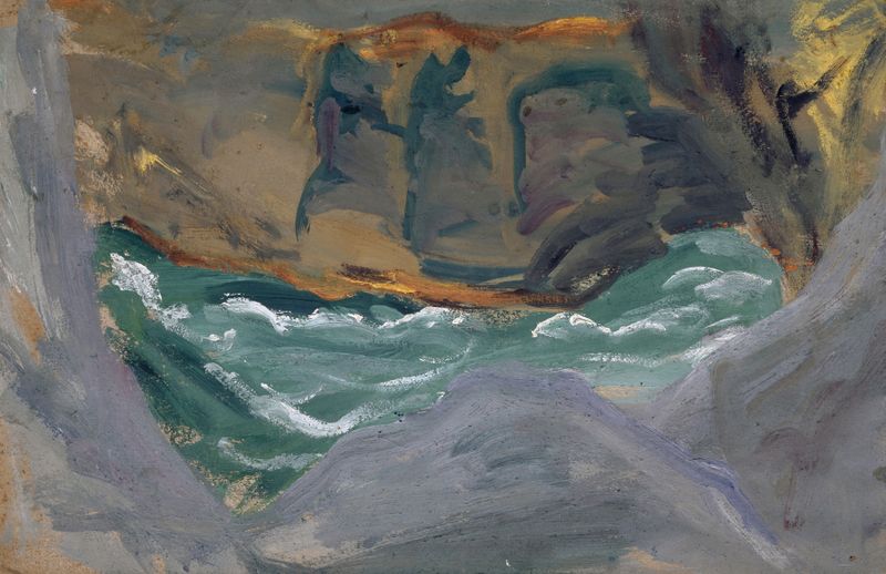 Pintura a óleo de ondas do oceano batendo contra penhascos por Ernst Schiess