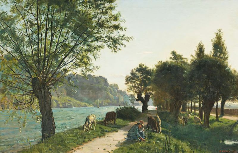 Sheep grazing in a serene landscape, oil on canvas by Ferdinand Hodler