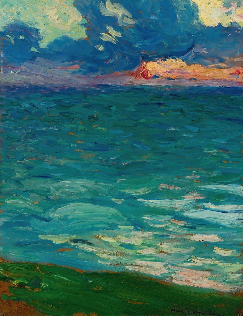 Óleo sobre lienzo de Henri Martin que representa un paisaje marino sereno con un horizonte vibrante.