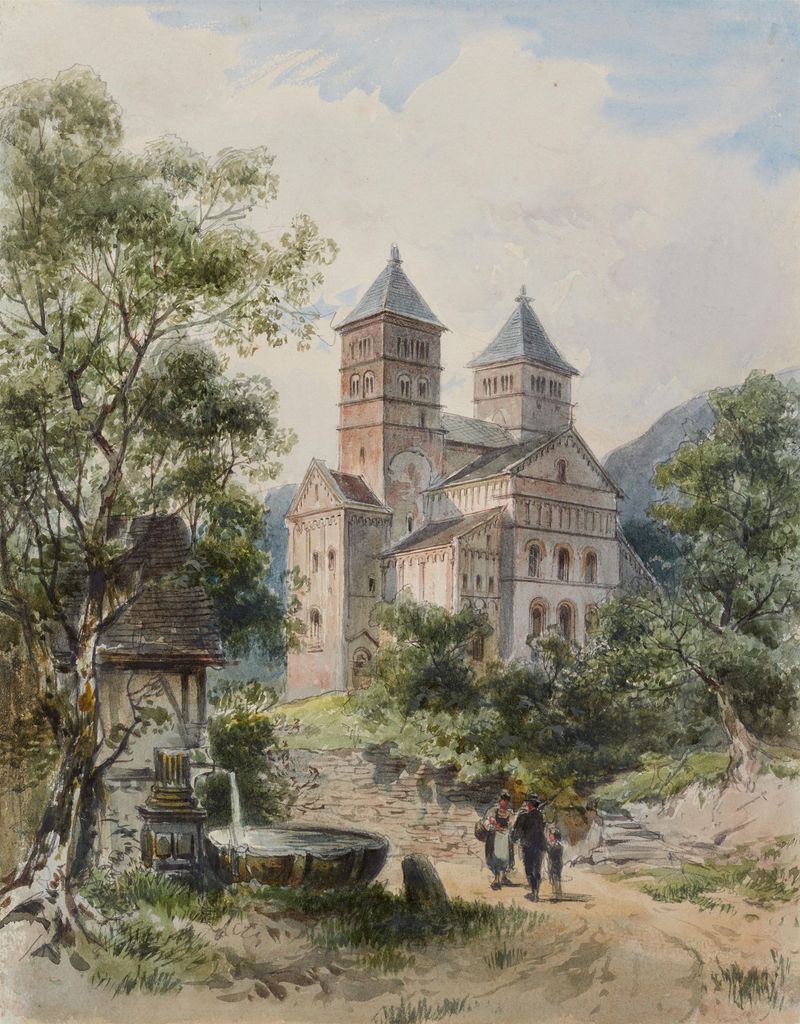 Landscape featuring abbey and hills in golden light by Robert Stieler