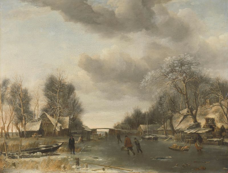 Winter Scene by Jan van de Cappelle, oil painting depicting a cold landscape with figures and snow.