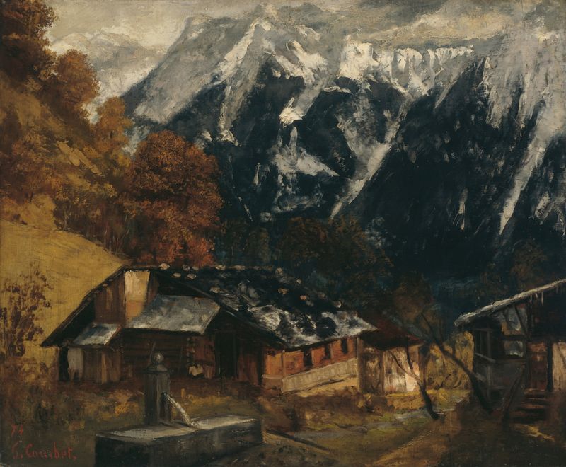 An Alpine Scene de Gustave Courbet, óleo que representa montañas y cielo.