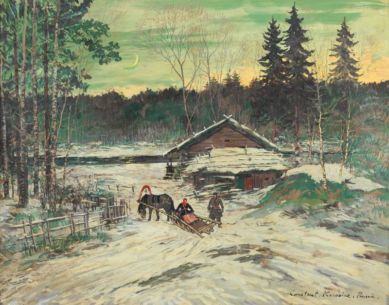 Cena de gênero de um homem e uma mulher em um trenó, óleo de Konstantin Alexeevich Korovin