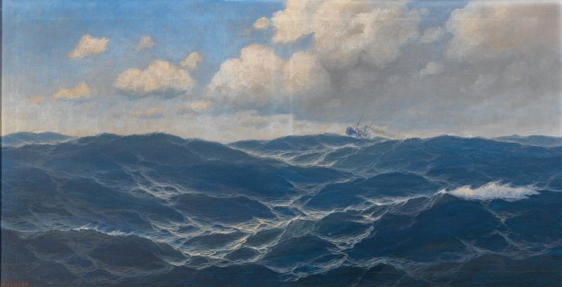Marine landscape by Max Jensen, oil on canvas, featuring gentle blue hues and a tranquil sea.