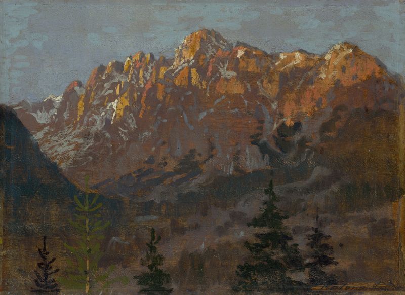 Tatras Motif by Ferdinand Katona, oil on canvas depicting abstract mountain landscape.