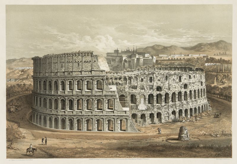 Litografía del Coliseo en Roma de Armstrong & Co. Lith. con ruinas majestuosas contra un cielo azul.