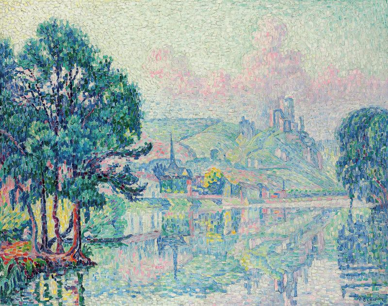 Les Andelys. Matin. Été de Paul Signac, pintura al óleo que representa un paisaje de río sereno