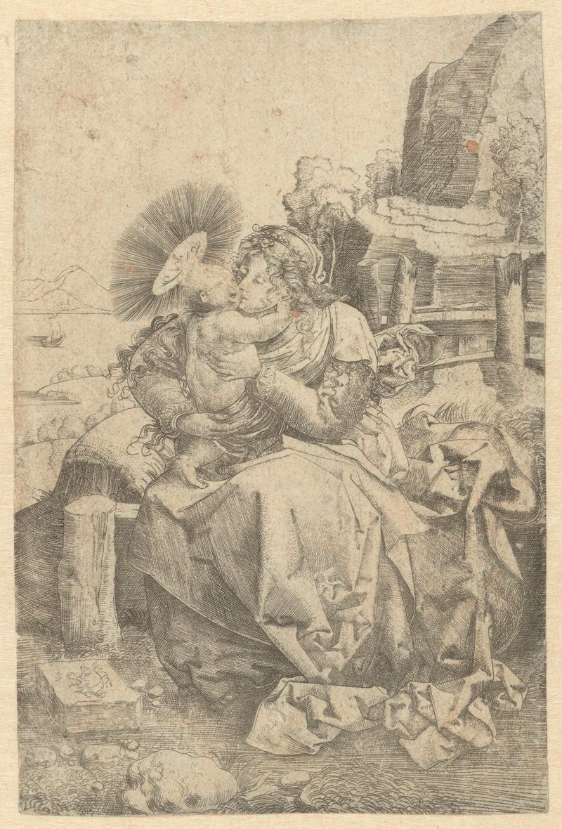 Madonna met kind in een landschap, etching by Frans Crabbe van Espleghem, depicting a mother and child in a serene landscape.