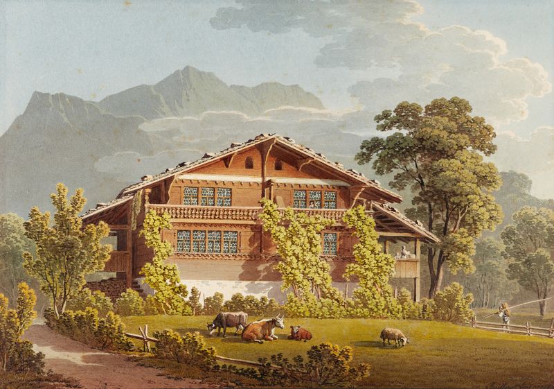 Landscape oil painting by Jacques Henri Juillerat featuring a farmhouse and mountains