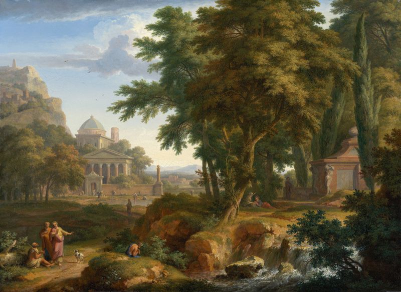Arcadian landscape with saints Peter and John healing the lame man, oil on canvas by Jan van Huysum