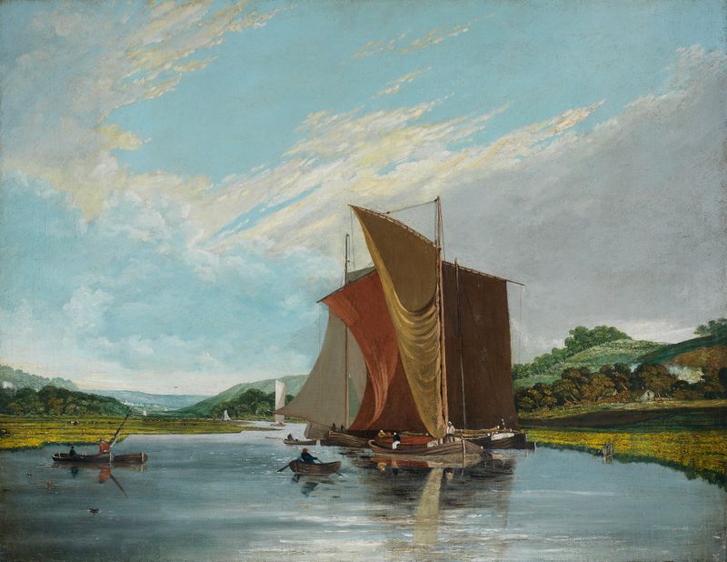 Barges on a river by James Baker Pyne, oil painting depicting a tranquil landscape with a river and boats.