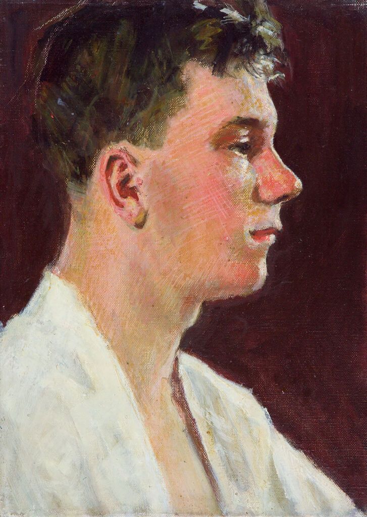 Retrato de um jovem em camisa branca aberta, pintura a óleo de Denman Waldo Ross
