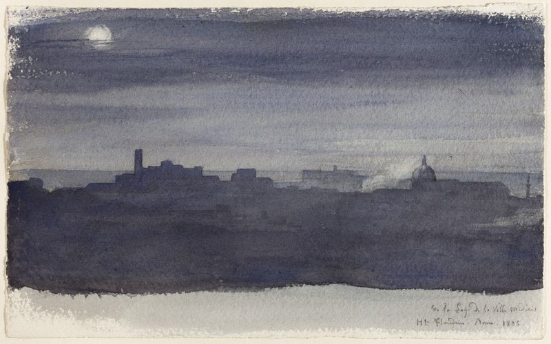 Vista de Roma de Noche, óleo sobre lienzo de Jean-Hippolyte Flandrin, mostrando techos bajo la luz de la luna.