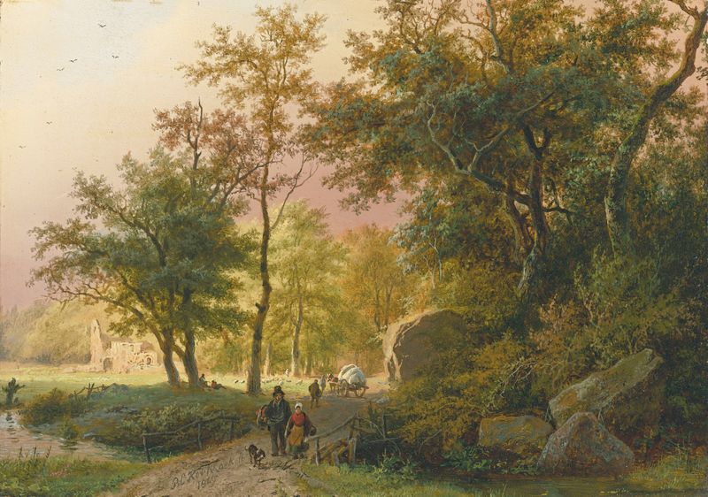 Travellers On A Road by Barend Cornelis Koekkoek, oil painting depicting figures on a winding road.