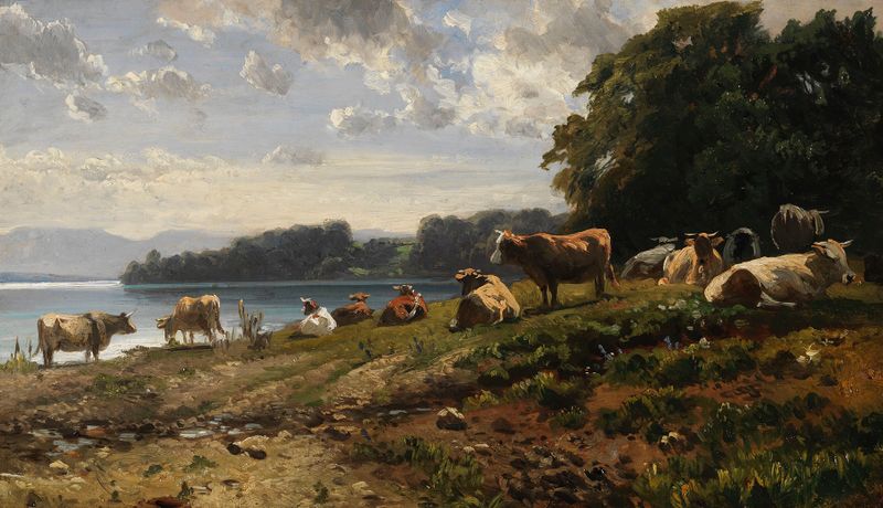 Kühe am Seeufer by Friedrich Voltz, oil on canvas depicting cows by a serene lake.