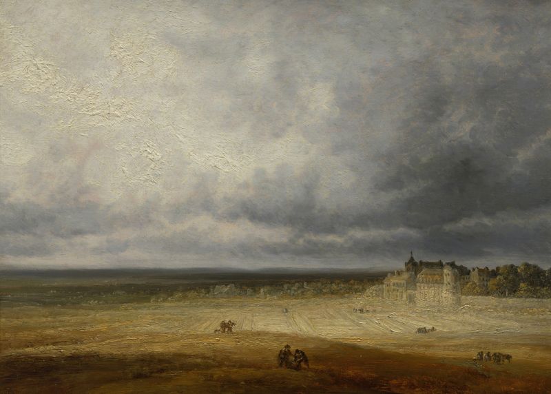 Paisaje con un campo arado y un pueblo, óleo sobre lienzo de Georges Michel