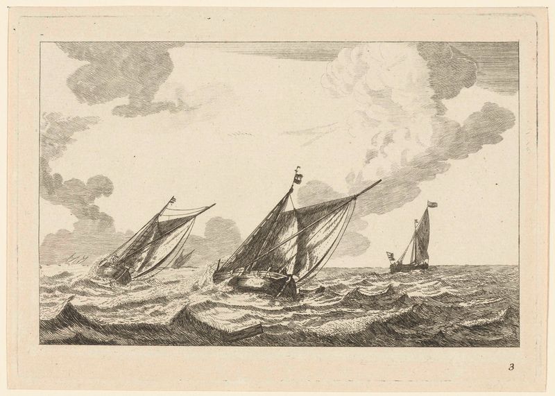 Três navios lutando contra um mar tempestuoso, gravura de Unknown Artist