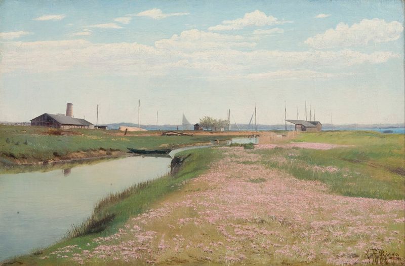 The river and the harbour at Frederiksværk by Laurits Andersen Ring, Impressionism, depicting a tranquil landscape