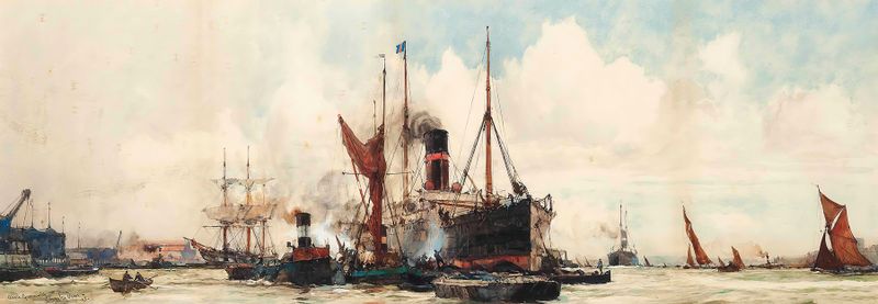 Above Greenwich by Charles Edward Dixon, oil on canvas depicting a tranquil landscape with clouds and water.