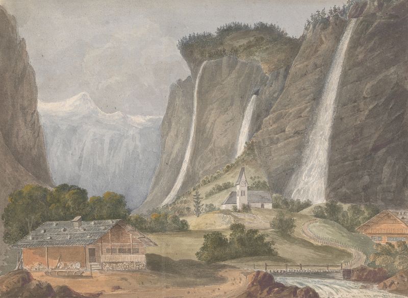 Cascata em uma paisagem, óleo sobre tela de Isaac Weld
