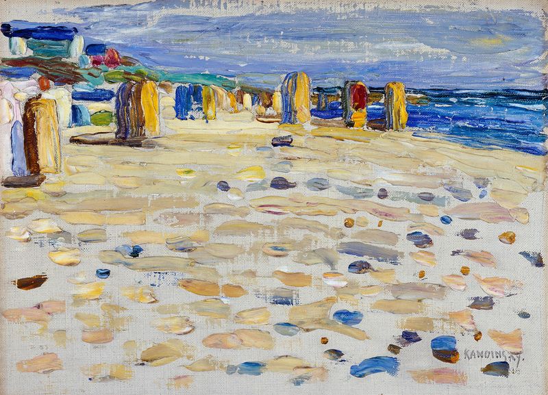 Holland – Strandkörbe de Wassily Kandinsky, óleo sobre tela, apresenta guarda-sóis de praia coloridos e luz vibrante.