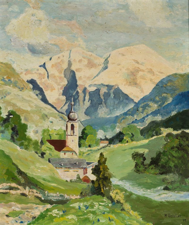 Mountain landscape with a church by Christian Gottfried Heinrich Geissler, oil painting