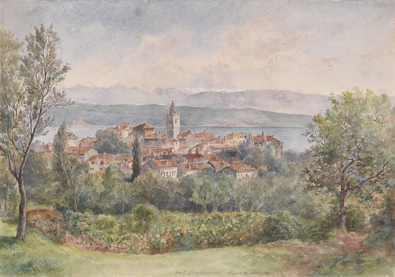 Landscape of Lovran with vibrant blue and green hues, oil painting by Gustav Barbarini
