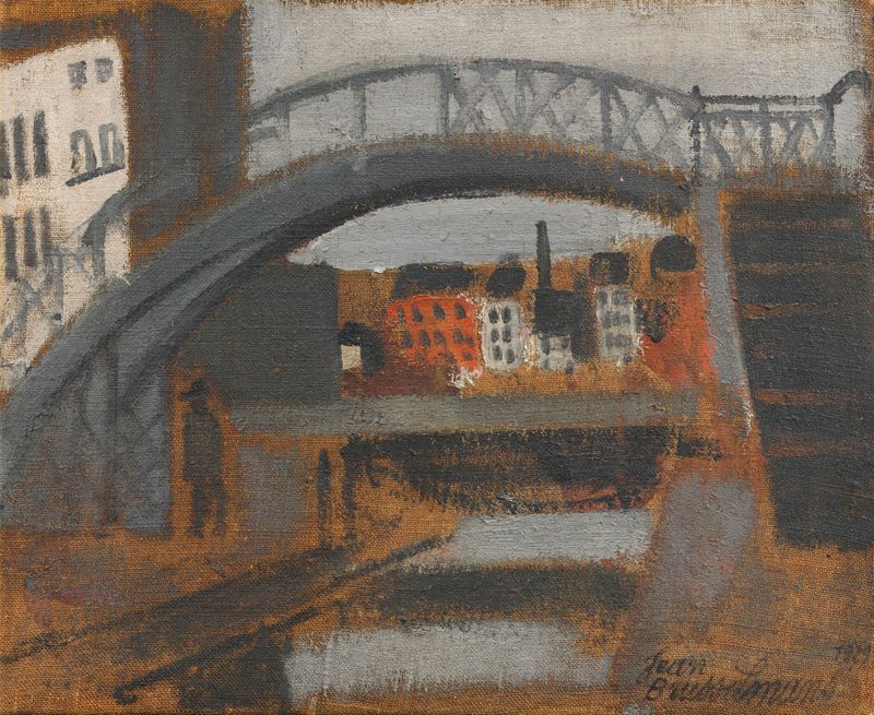 Le port du canal à Anderlecht de Jean Brusselmans, óleo sobre tela mostrando barcos na água