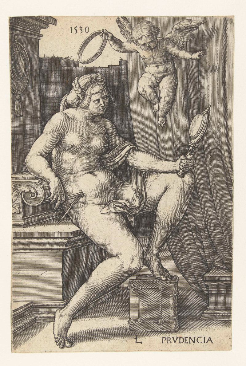 Gravura de Lucas van Leyden retratando uma mulher com um espelho e ricos tecidos