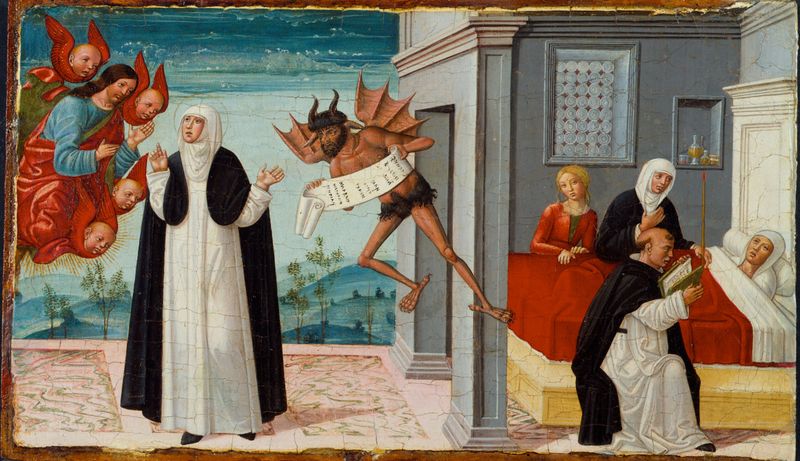 Saint Catherine of Siena intercedes with Christ, tempera on panel by Girolamo di Benvenuto.