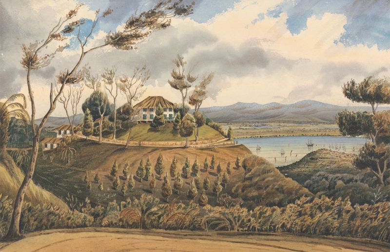 Sir William Norris Bungalow, Penang, watercolor on paper by Lt. Humphrey John Julian