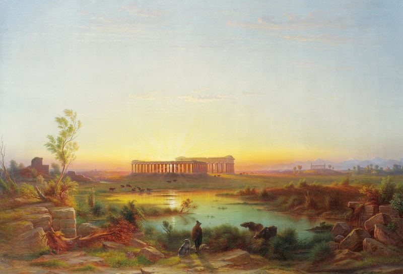 Vue de Paestum by Johann-Rudolf Bühlmann, oil painting of ruins under sunlight.