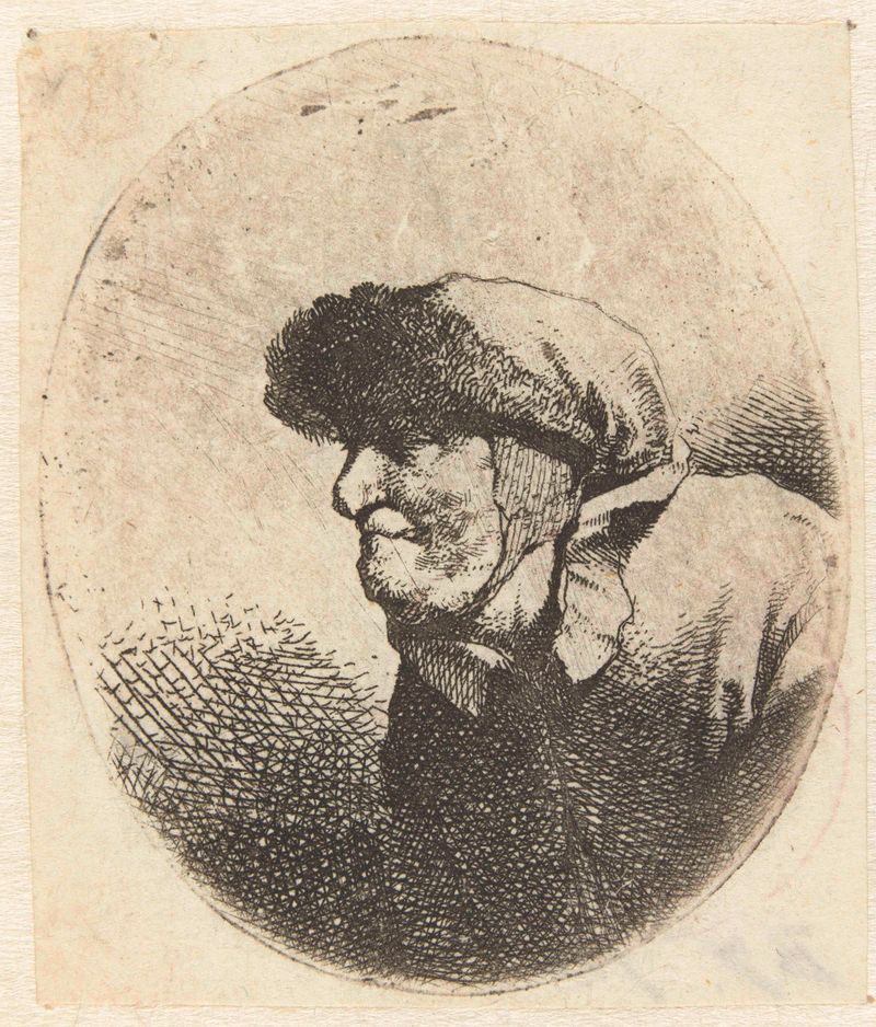 Gravura de uma mulher idosa de perfil por Cornelis Pietersz. Bega