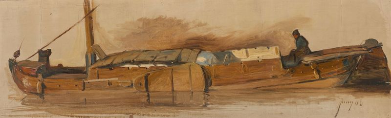 Lange schuit met schipper by Jan Weissenbruch, oil painting of a barge navigating a calm river.