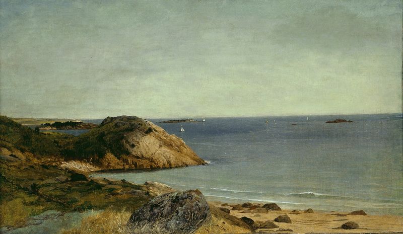 Rocky Coast de John Frederick Kensett, pintura a óleo que retrata penhascos e mar sob luz suave.