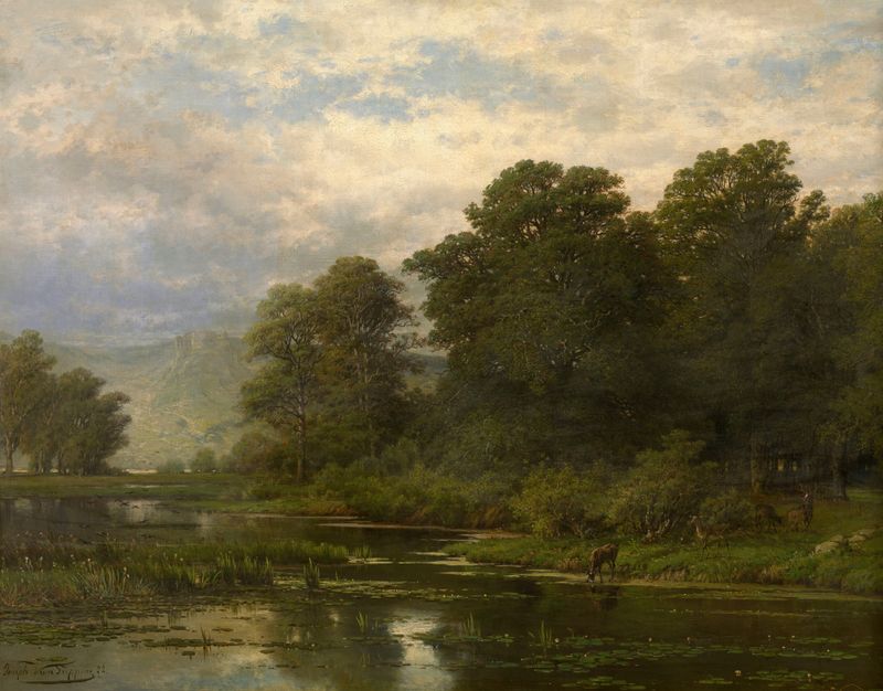 Landscape by Joseph Van Luppen, oil painting depicting a winding path through lush greenery