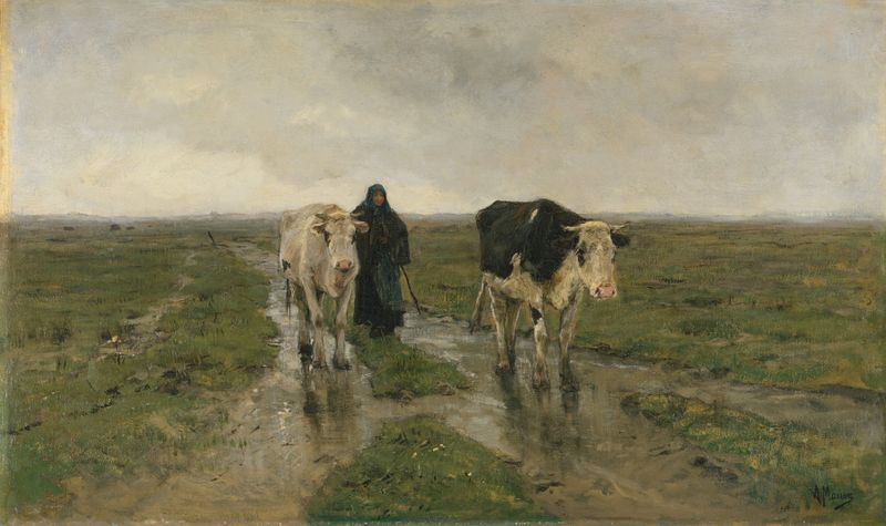 Changing Pasture de Anton Mauve, óleo sobre tela, retratando colinas e um pôr do sol.