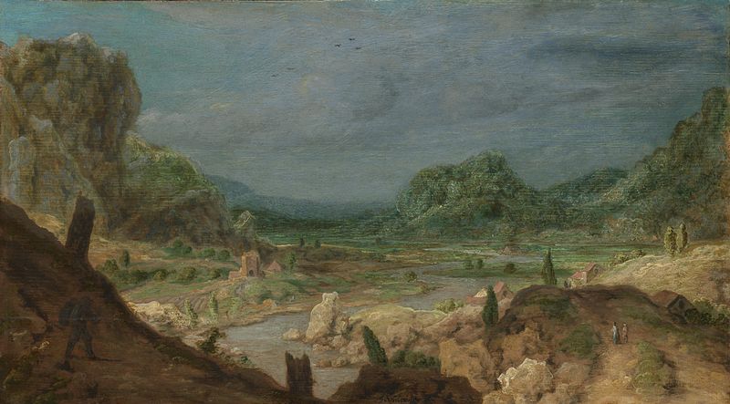 River Valley, óleo sobre painel de Hercules Segers, representando uma paisagem com montanhas e um rio.
