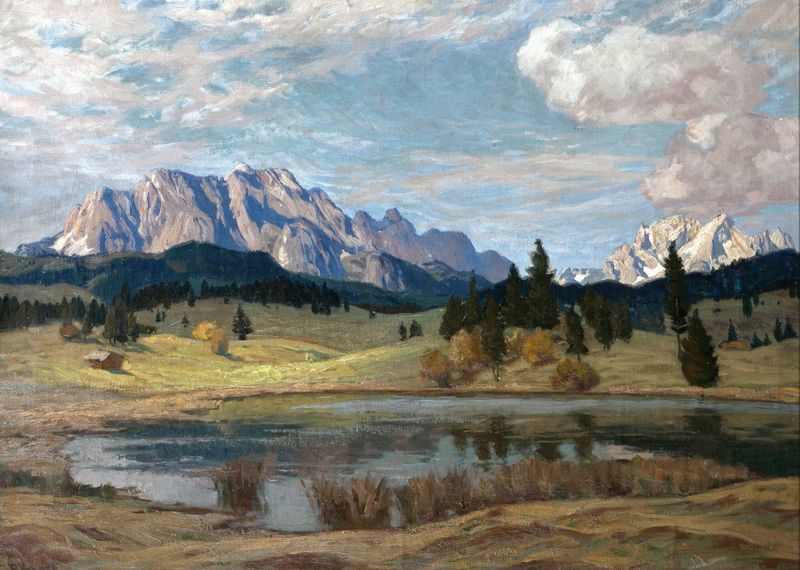 Impressionist landscape by Carl O'Lynch featuring mountains, forests, and a river
