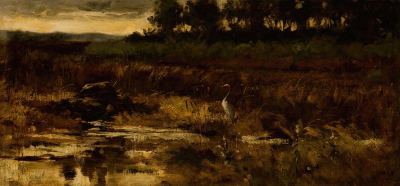 Marsh landscape with egret, oil painting by Frederick Stuart Church