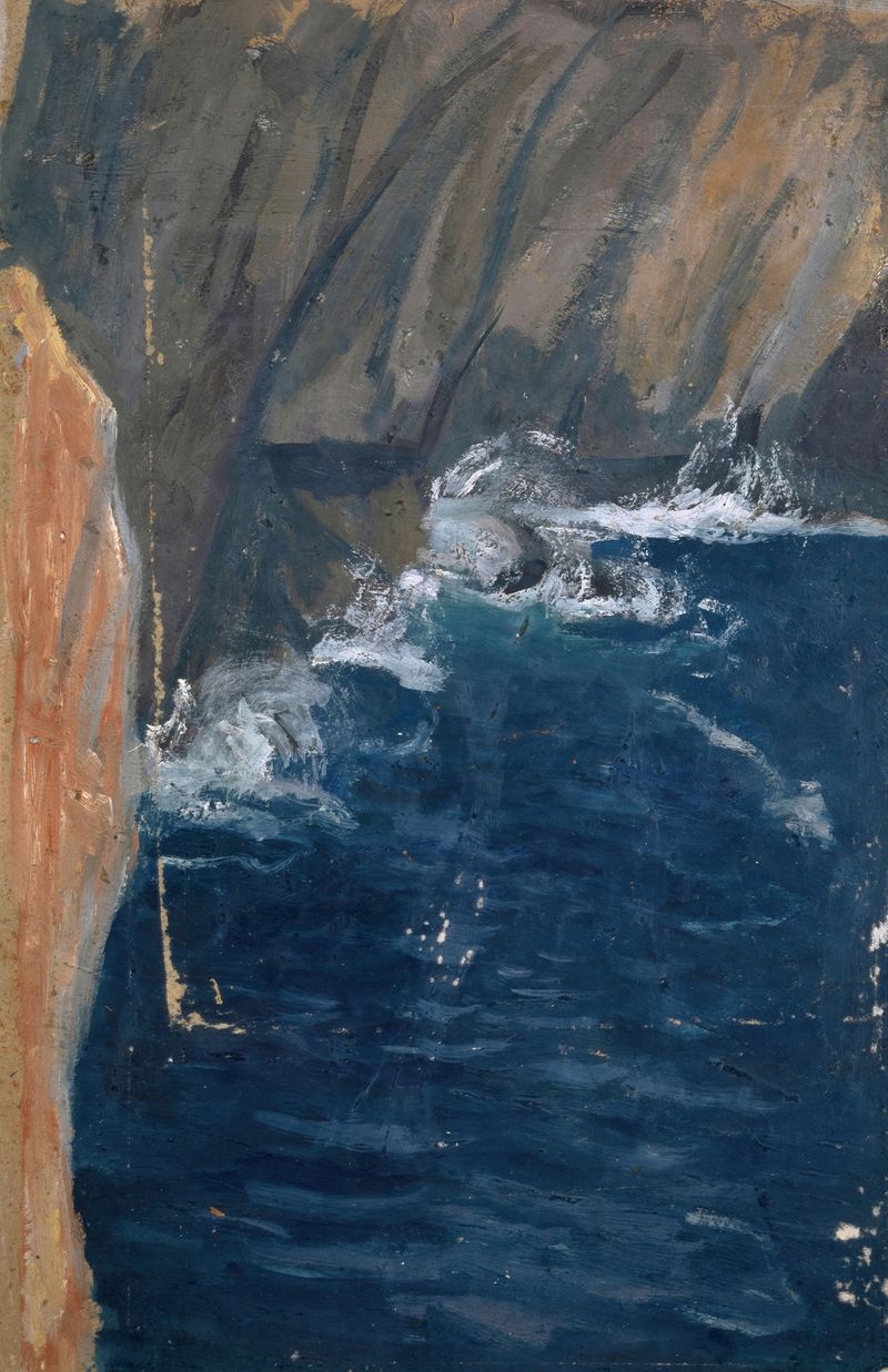 Olas Rompiendo en un Acantilado, óleo sobre lienzo de Ernst Schiess que muestra olas chocando contra un acantilado.