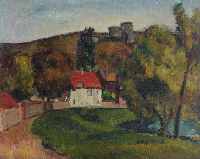 Landscape Village beneath the ruins, oil on canvas by Frederick Porter