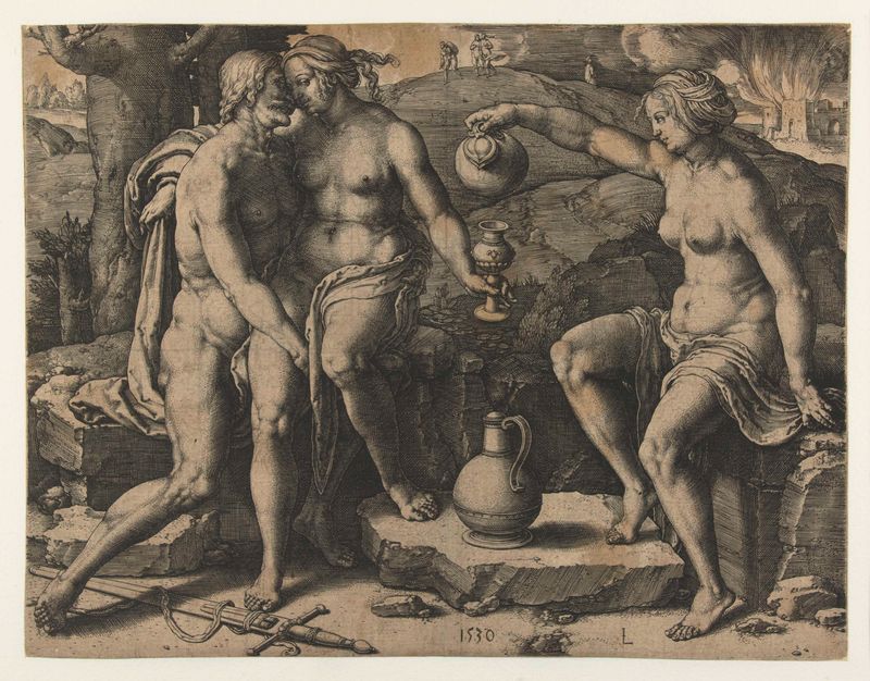 Gravura de Lucas van Leyden retratando Lot e suas filhas em tensão emocional.