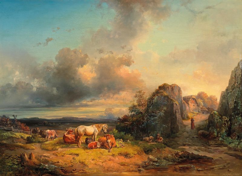 Tiere In Landschaft by Edmund Mahlknecht, oil on canvas depicting animals in a stormy landscape.